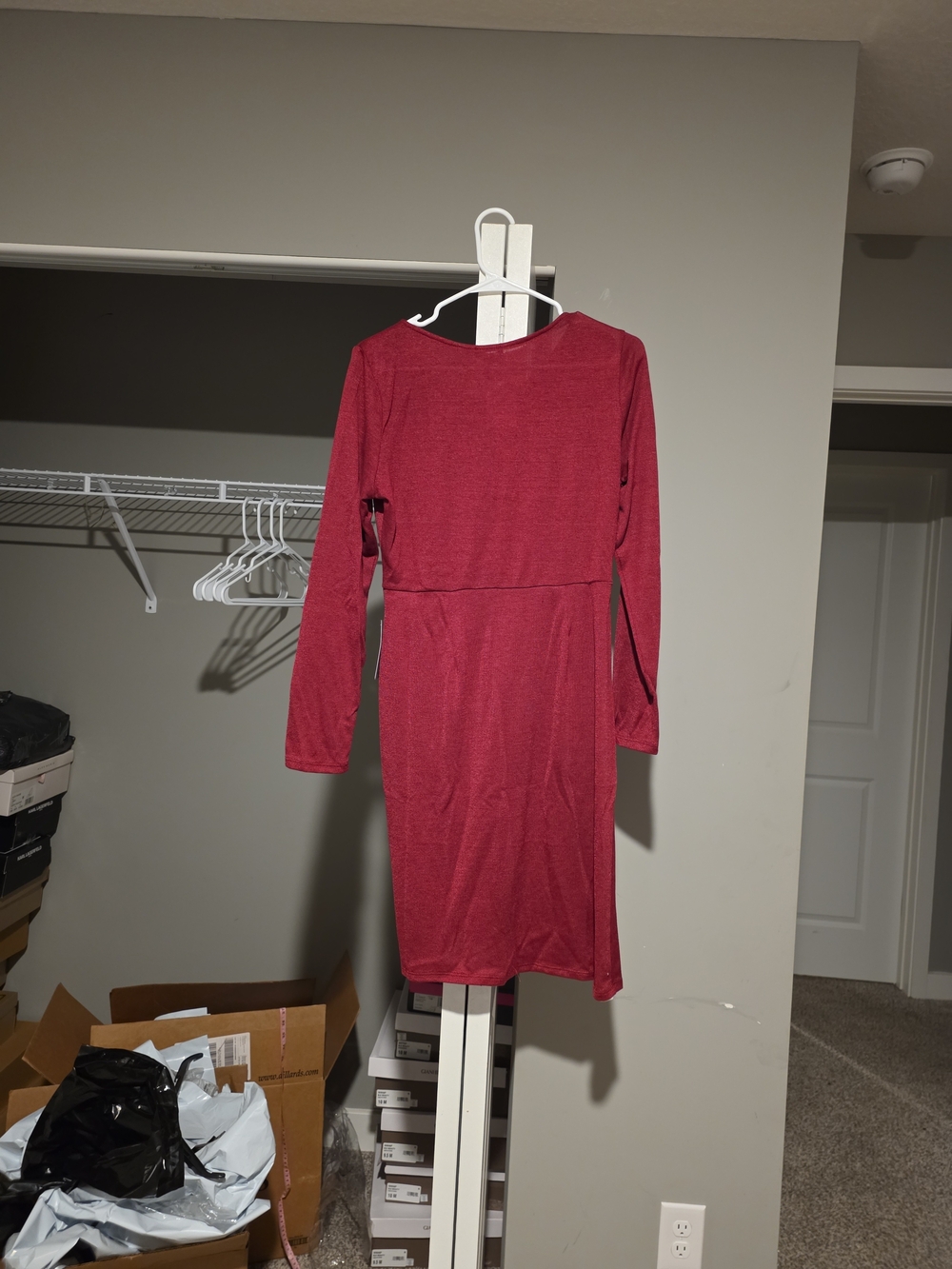 Long Sleeve Red Midi Dress with Waist Seam